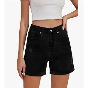 Womens High Waist Stretch Black Denim Folded Hem Shorts - Size Small - NWT